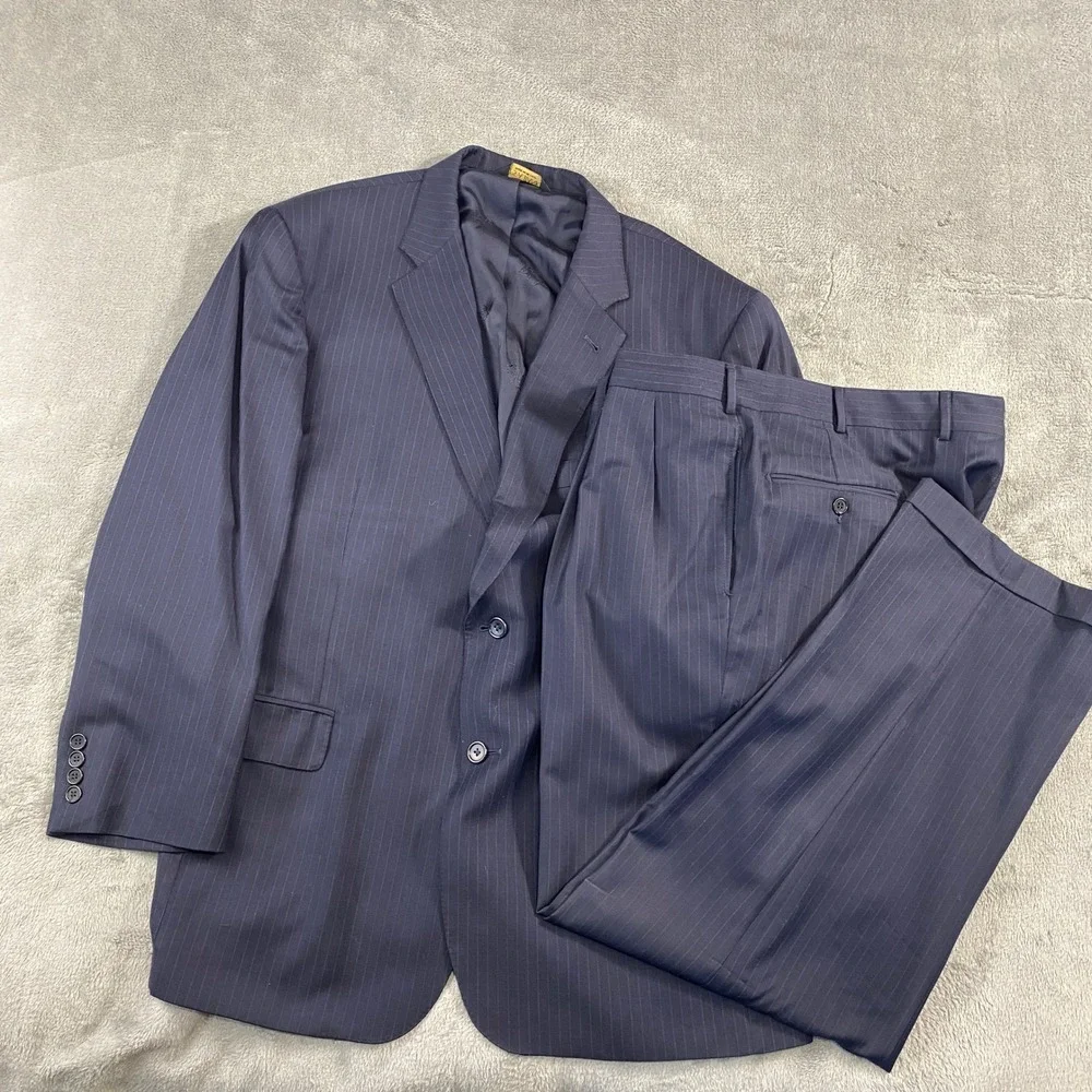 Jos. A. Bank Suit Mens 46R 40W Navy‎ Pinstripe Signature Gold 150s Wool *FLAW*